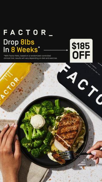 A top-down view of a fresh meal served alongside a branded meal kit bottle, emphasizing a clear, high-value discount and specific weight-loss claim.